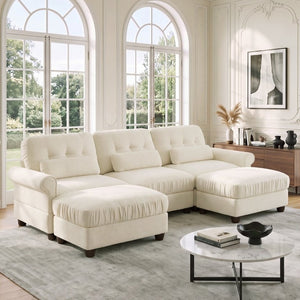English Elm Chenille Modular U-Shape Sectional with Button-Tufted Back and Deep Cozy Seating Beige 3-Seater with 2 Ottomans W714S02110