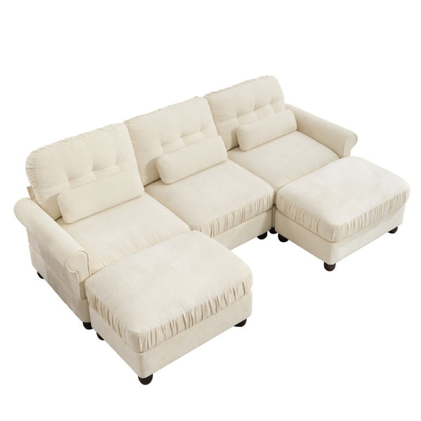 English Elm Chenille Modular U-Shape Sectional with Button-Tufted Back and Deep Cozy Seating Beige 3-Seater with 2 Ottomans W714S02110
