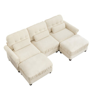 English Elm Chenille Modular U-Shape Sectional with Button-Tufted Back and Deep Cozy Seating Beige 3-Seater with 2 Ottomans W714S02110