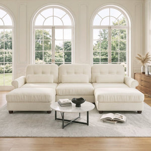English Elm Chenille Modular U-Shape Sectional with Button-Tufted Back and Deep Cozy Seating Beige 3-Seater with 2 Ottomans W714S02110