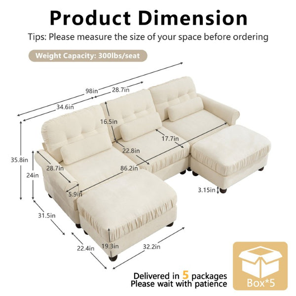 English Elm Chenille Modular U-Shape Sectional with Button-Tufted Back and Deep Cozy Seating Beige 3-Seater with 2 Ottomans W714S02110