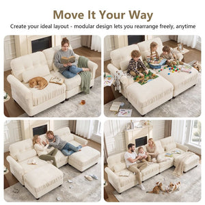 English Elm Chenille Modular U-Shape Sectional with Button-Tufted Back and Deep Cozy Seating Beige 3-Seater with 2 Ottomans W714S02110