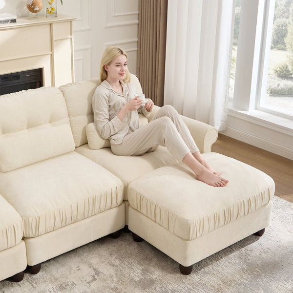 English Elm Chenille Modular U-Shape Sectional with Button-Tufted Back and Deep Cozy Seating Beige 4-Seater W714S02111