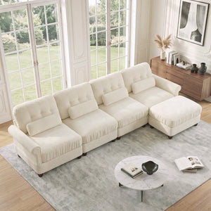 English Elm Chenille Modular U-Shape Sectional with Button-Tufted Back and Deep Cozy Seating Beige 4-Seater with One Ottoman W714S02112