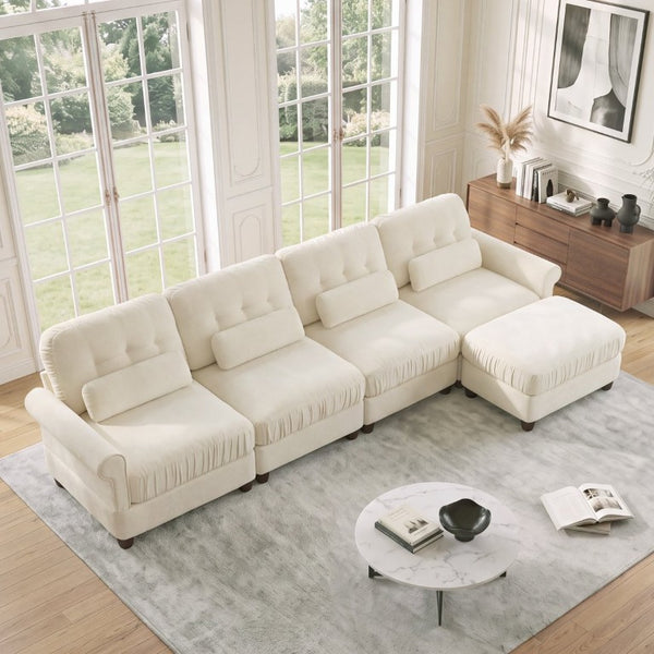 English Elm Chenille Modular U-Shape Sectional with Button-Tufted Back and Deep Cozy Seating Beige 4-Seater with One Ottoman W714S02112