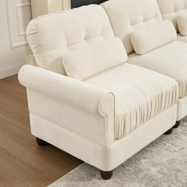 English Elm Chenille Modular U-Shape Sectional with Button-Tufted Back and Deep Cozy Seating Beige 4-Seater with One Ottoman W714S02112