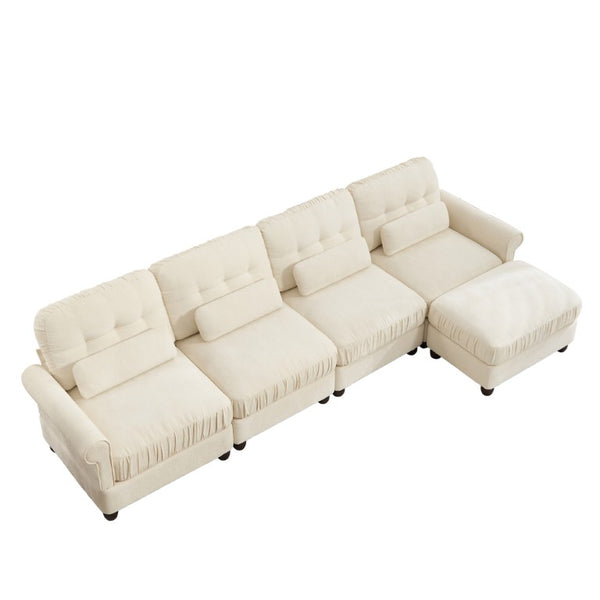 English Elm Chenille Modular U-Shape Sectional with Button-Tufted Back and Deep Cozy Seating Beige 4-Seater with One Ottoman W714S02112