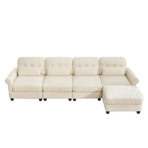 English Elm Chenille Modular U-Shape Sectional with Button-Tufted Back and Deep Cozy Seating Beige 4-Seater with One Ottoman W714S02112