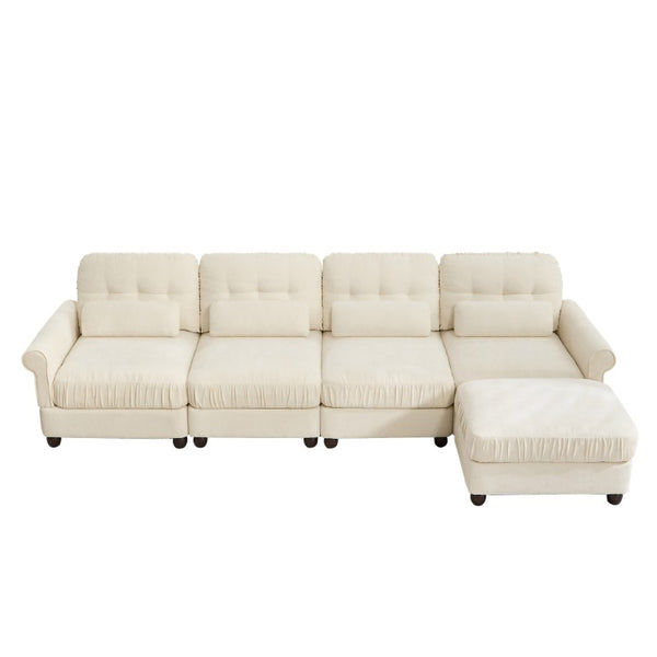 English Elm Chenille Modular U-Shape Sectional with Button-Tufted Back and Deep Cozy Seating Beige 4-Seater with One Ottoman W714S02112