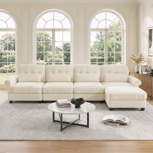 English Elm Chenille Modular U-Shape Sectional with Button-Tufted Back and Deep Cozy Seating Beige 4-Seater with One Ottoman W714S02112