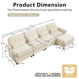 English Elm Chenille Modular U-Shape Sectional with Button-Tufted Back and Deep Cozy Seating Beige 4-Seater with One Ottoman W714S02112