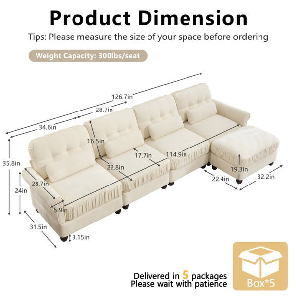 English Elm Chenille Modular U-Shape Sectional with Button-Tufted Back and Deep Cozy Seating Beige 4-Seater with One Ottoman W714S02112