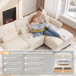 English Elm Chenille Modular U-Shape Sectional with Button-Tufted Back and Deep Cozy Seating Beige 4-Seater with One Ottoman W714S02112