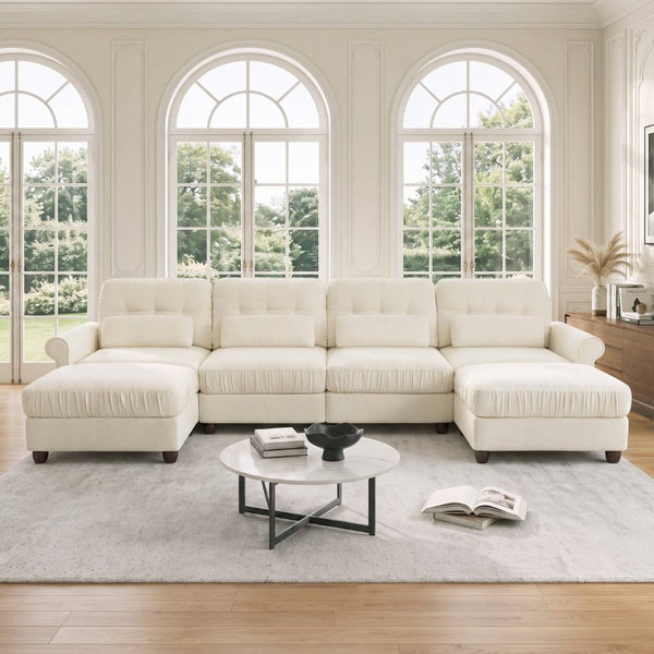 English Elm Chenille U-Shaped Modular Sectional with Tufted Back Rolled Arms and Lumbar Pillows W714S02113