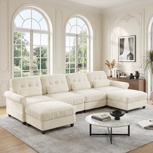 English Elm Chenille U-Shaped Modular Sectional with Tufted Back Rolled Arms and Lumbar Pillows W714S02113