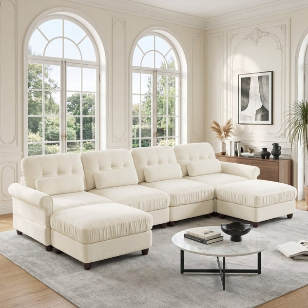 English Elm Chenille U-Shaped Modular Sectional with Tufted Back Rolled Arms and Lumbar Pillows W714S02113