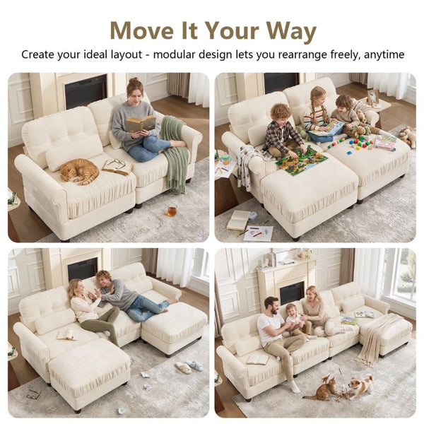 English Elm Chenille U-Shaped Modular Sectional with Tufted Back Rolled Arms and Lumbar Pillows W714S02113