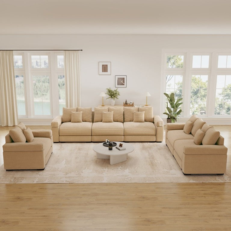 English Elm Oversized Cloud Modular Sectional Sofa Ribbed Corduroy Deep Seat Living Room Camel 3-Seater + 2-Seater + Single Seat Modular Sectional W714S02133