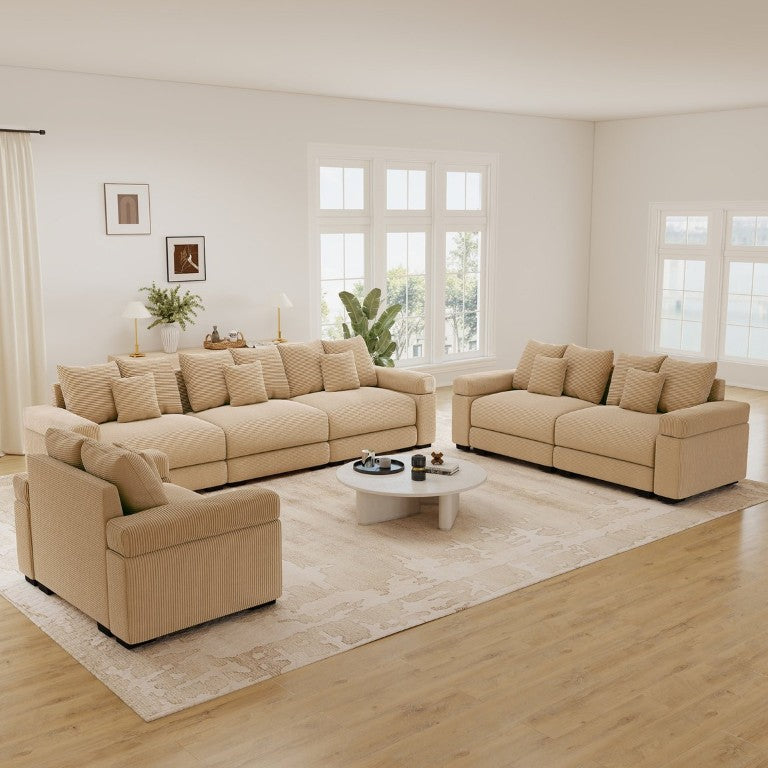 English Elm Oversized Cloud Modular Sectional Sofa Ribbed Corduroy Deep Seat Living Room Camel 3-Seater + 2-Seater + Single Seat Modular Sectional W714S02133