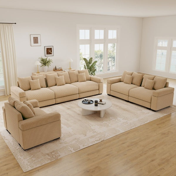 English Elm Oversized Cloud Modular Sectional Sofa Ribbed Corduroy Deep Seat Living Room Camel 3-Seater + 2-Seater + Single Seat Modular Sectional W714S02133