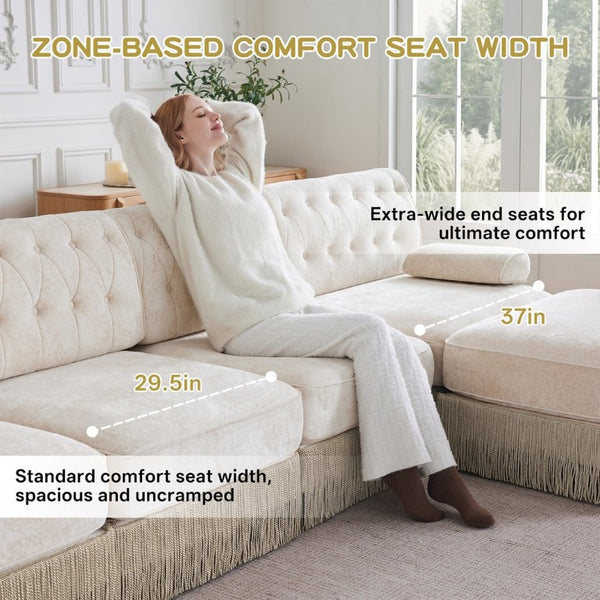 English Elm Beige Velvet Chesterfield Sofa Set Button Tufted Fleece Upholstery with Tassel Skirt Beige 2-Piece (2-Seater & 4-Seater) W714S02137