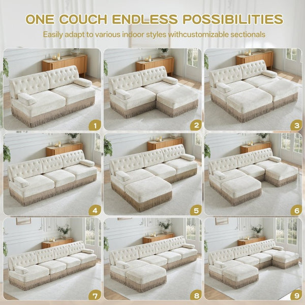 English Elm Beige Velvet Chesterfield Sofa Set Button Tufted Fleece Upholstery with Tassel Skirt Beige 2-Piece (2-Seater & 4-Seater) W714S02137