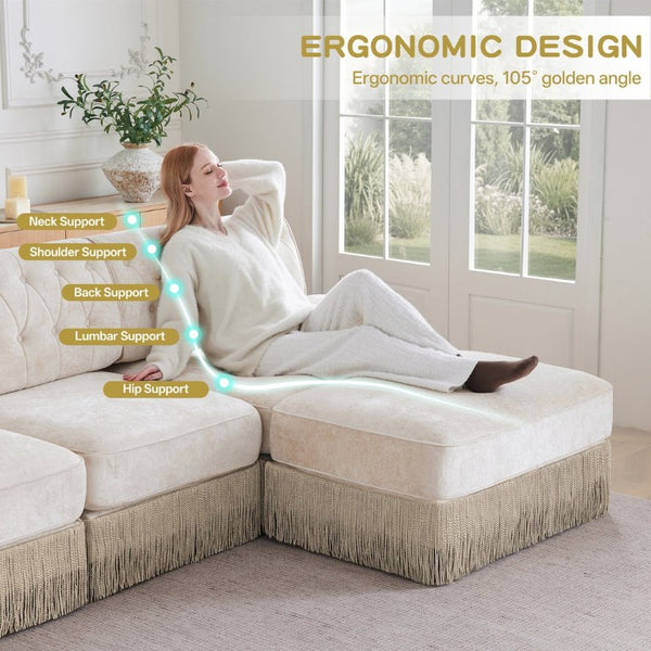 English Elm Beige Velvet Chesterfield Sofa Set Button Tufted Fleece Upholstery with Tassel Skirt Beige 2-Piece (2-Seater & 4-Seater) W714S02137