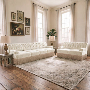 English Elm Beige Velvet Chesterfield Sofa Set Button Tufted Fleece Upholstery with Tassel Skirt Beige 2-Piece (2-Seater & 4-Seater) W714S02137