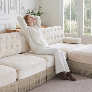 English Elm Beige Velvet Chesterfield Sofa Set Button Tufted Fleece Upholstery with Tassel Skirt Beige 2-Piece (2-Seater & 4-Seater) W714S02137