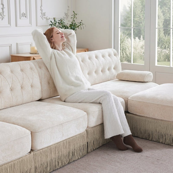 English Elm Beige Velvet Chesterfield Sofa Set Button Tufted Fleece Upholstery with Tassel Skirt Beige 2-Piece (2-Seater & 4-Seater) W714S02137