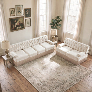 English Elm Beige Velvet Chesterfield Sofa Set Button Tufted Fleece Upholstery with Tassel Skirt Beige 2-Piece (2-Seater & 4-Seater) W714S02137
