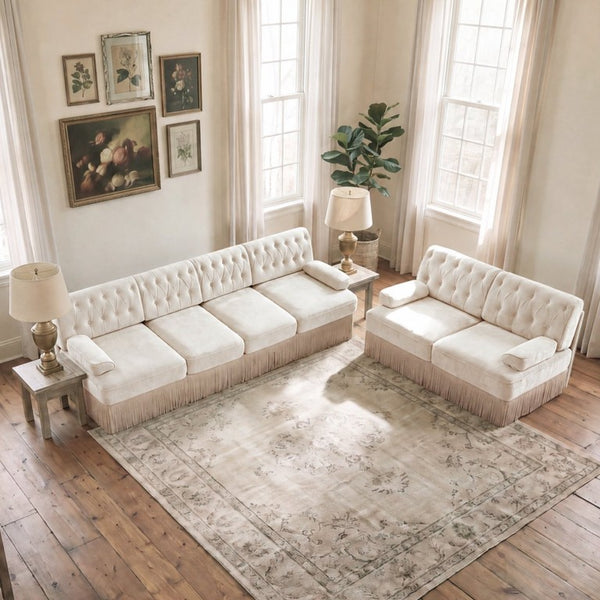 English Elm Beige Velvet Chesterfield Sofa Set Button Tufted Fleece Upholstery with Tassel Skirt Beige 2-Piece (2-Seater & 4-Seater) W714S02137