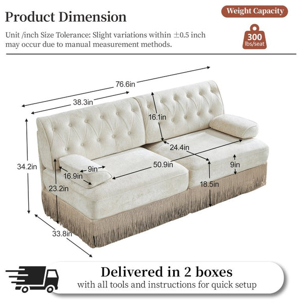 English Elm Beige Velvet Chesterfield Sofa Set Button Tufted Fleece Upholstery with Tassel Skirt Beige 2-Piece (2-Seater & 4-Seater) W714S02137