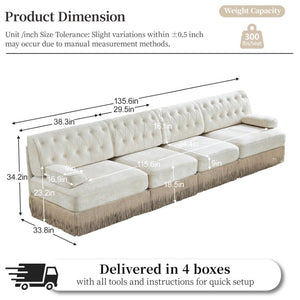 English Elm Beige Velvet Chesterfield Sofa Set Button Tufted Fleece Upholstery with Tassel Skirt Beige 2-Piece (2-Seater & 4-Seater) W714S02137