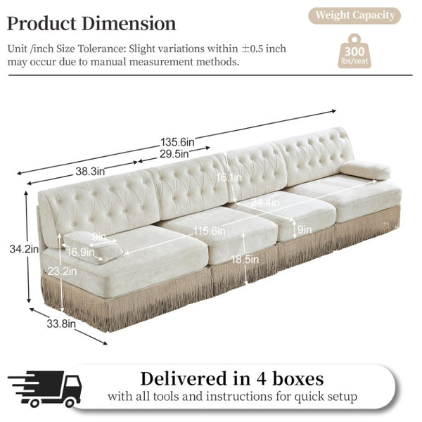 English Elm Beige Velvet Chesterfield Sofa Set Button Tufted Fleece Upholstery with Tassel Skirt Beige 2-Piece (2-Seater & 4-Seater) W714S02137