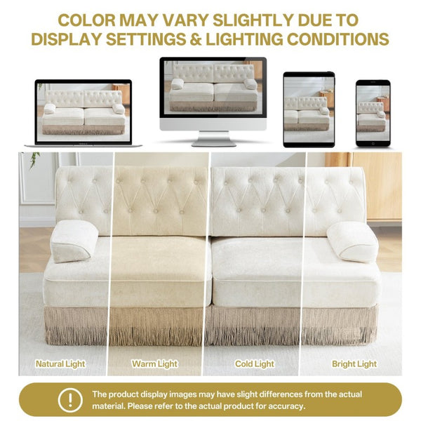 English Elm Beige Velvet Chesterfield Sofa Set Button Tufted Fleece Upholstery with Tassel Skirt Beige 2-Piece (2-Seater & 4-Seater) W714S02137