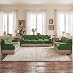 English Elm Beige Velvet Chesterfield Sofa Set Button Tufted Fleece Upholstery with Tassel Skirt Green 3-Piece (2x 2-Seater & 4-Seater) W714S02138