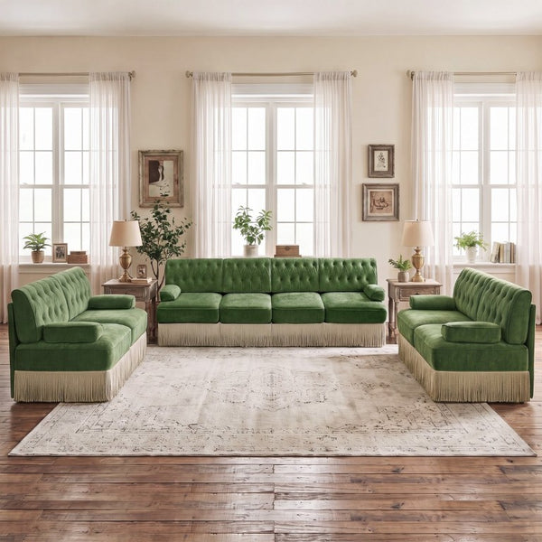 English Elm Beige Velvet Chesterfield Sofa Set Button Tufted Fleece Upholstery with Tassel Skirt Green 3-Piece (2x 2-Seater & 4-Seater) W714S02138
