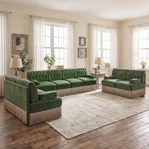 English Elm Beige Velvet Chesterfield Sofa Set Button Tufted Fleece Upholstery with Tassel Skirt Green 3-Piece (2x 2-Seater & 4-Seater) W714S02138