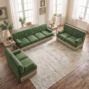 English Elm Beige Velvet Chesterfield Sofa Set Button Tufted Fleece Upholstery with Tassel Skirt Green 3-Piece (2x 2-Seater & 4-Seater) W714S02138