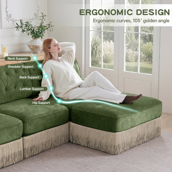 English Elm Beige Velvet Chesterfield Sofa Set Button Tufted Fleece Upholstery with Tassel Skirt Green 3-Piece (2x 2-Seater & 4-Seater) W714S02138