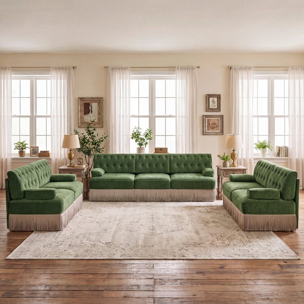 English Elm Beige Velvet Chesterfield Sofa Set Button Tufted Fleece Upholstery with Tassel Skirt Green 3-Piece (2x 2-Seater & 3-Seater) W714S02139