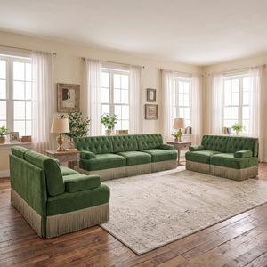 English Elm Beige Velvet Chesterfield Sofa Set Button Tufted Fleece Upholstery with Tassel Skirt Green 3-Piece (2x 2-Seater & 3-Seater) W714S02139