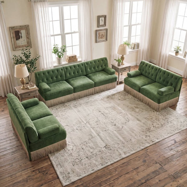 English Elm Beige Velvet Chesterfield Sofa Set Button Tufted Fleece Upholstery with Tassel Skirt Green 3-Piece (2x 2-Seater & 3-Seater) W714S02139