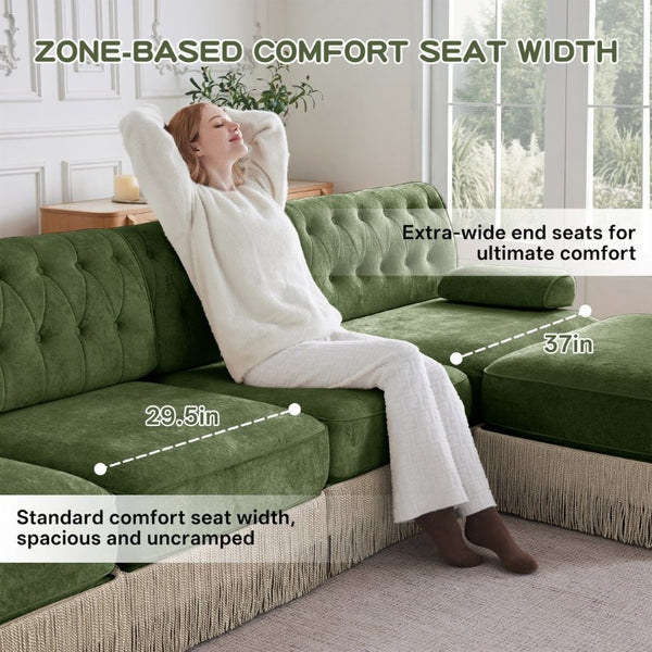 English Elm Beige Velvet Chesterfield Sofa Set Button Tufted Fleece Upholstery with Tassel Skirt Green 3-Piece (2x 2-Seater & 3-Seater) W714S02139