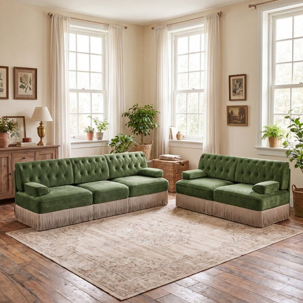 English Elm Beige Velvet Chesterfield Sofa Set Button Tufted Fleece Upholstery with Tassel Skirt Green 2-Piece (2-Seater & 3-Seater) W714S02140