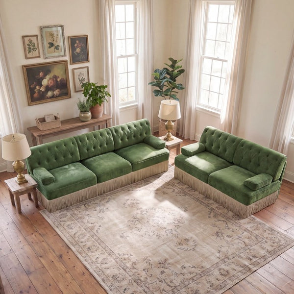 English Elm Beige Velvet Chesterfield Sofa Set Button Tufted Fleece Upholstery with Tassel Skirt Green 2-Piece (2-Seater & 3-Seater) W714S02140