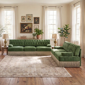 English Elm Beige Velvet Chesterfield Sofa Set Button Tufted Fleece Upholstery with Tassel Skirt Green 2-Piece (2-Seater & 3-Seater) W714S02140