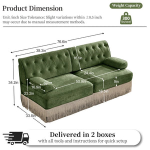 English Elm Beige Velvet Chesterfield Sofa Set Button Tufted Fleece Upholstery with Tassel Skirt Green 2-Piece (2-Seater & 3-Seater) W714S02140