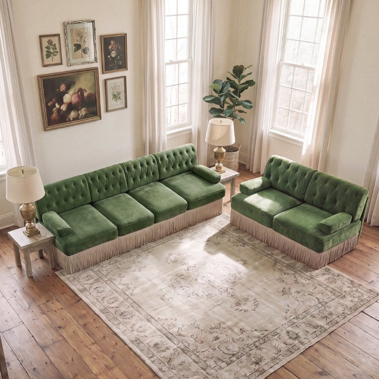English Elm Green Velvet Chesterfield Sofa Set Tufted Button Design with Tassel Skirt Fleece Green 2-Piece (1x2-Seater & 1x4-Seater) W714S02141
